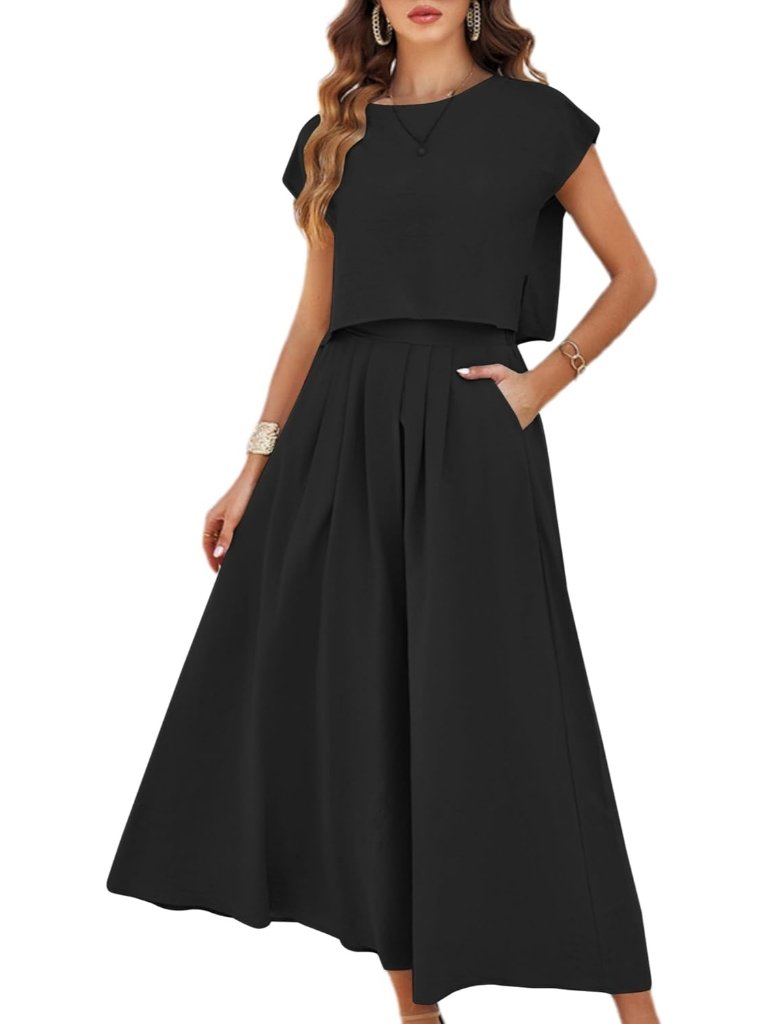 Women's Dark Black 2 Piece Outfits Skirt Set Summer Casual Cap Sleeve Crop Tops